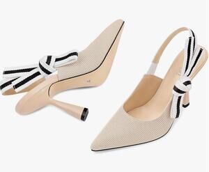 Hochfart Womens 8.5 Beige Pointed Toe Bowknot Dress Pumps Workwear Formal NEW